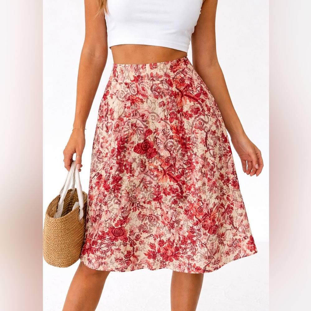 GAP Red White Floral Midi Skirt Size 1 Cottagecore Summer Vacation